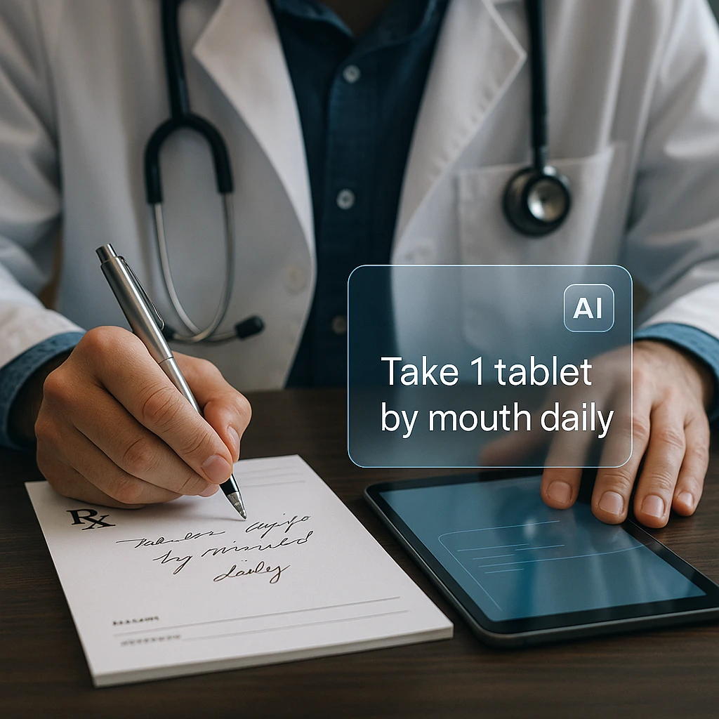 Doctor writing prescription with AI-powered tablet analyzing handwriting in real-time showing digital transcription overlay